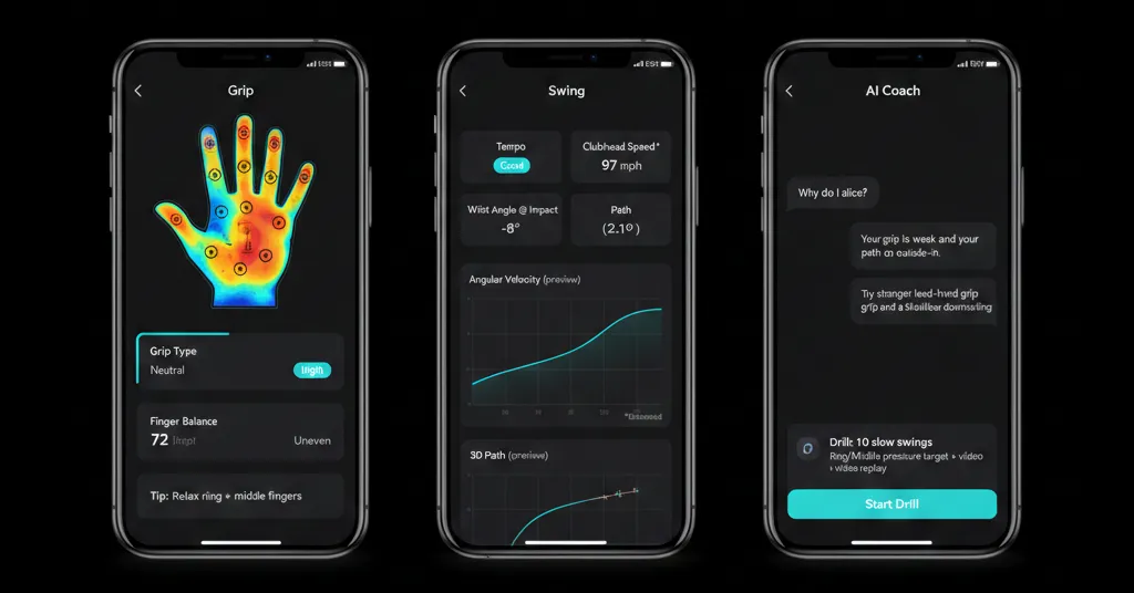 App UI mockups — Grip / Swing / AI Coach