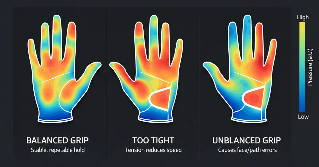 握压热力图：平衡 / 过紧 / 不均衡（示意）